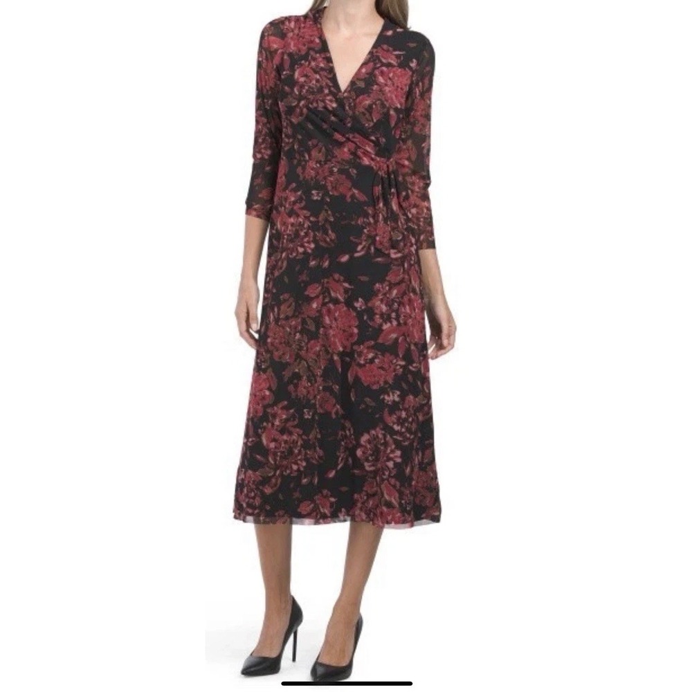Anne Klein Midi‎ Dress Womens S Black Pink Floral Wrap Dark Cottagecore Feminine